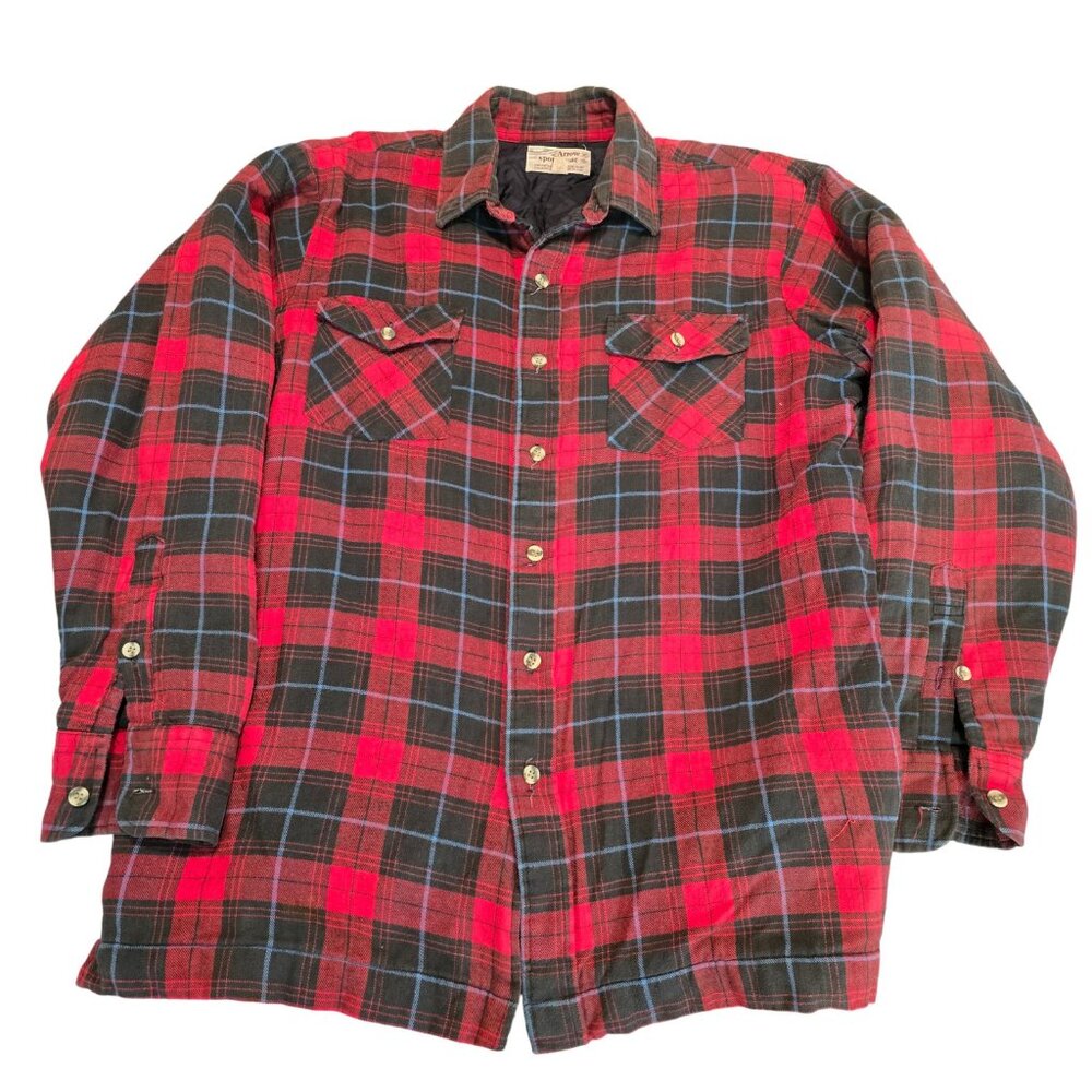 Vintage 70s Arrow Quilted Flannel Shirt L Black Red Plaid Pockets Chore Retro